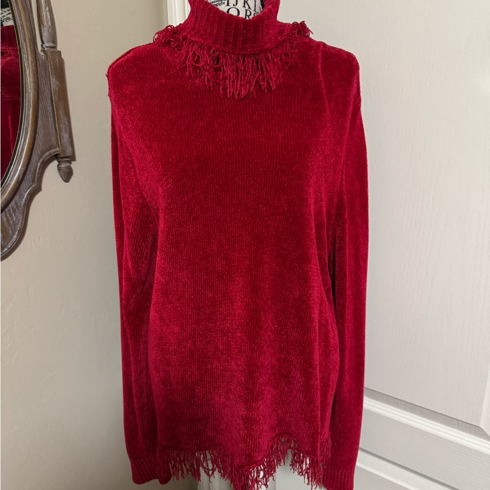 Rafaella Red Chenille Fringe Turtleneck Sweater XL
